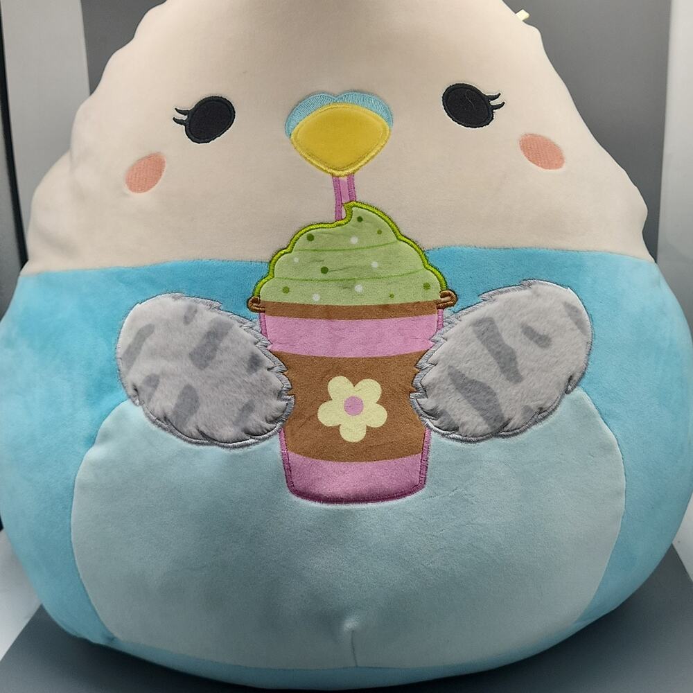Squishmallows Tycho the Parakeet 16 Inch Blue Bird Plush with Latte Drink